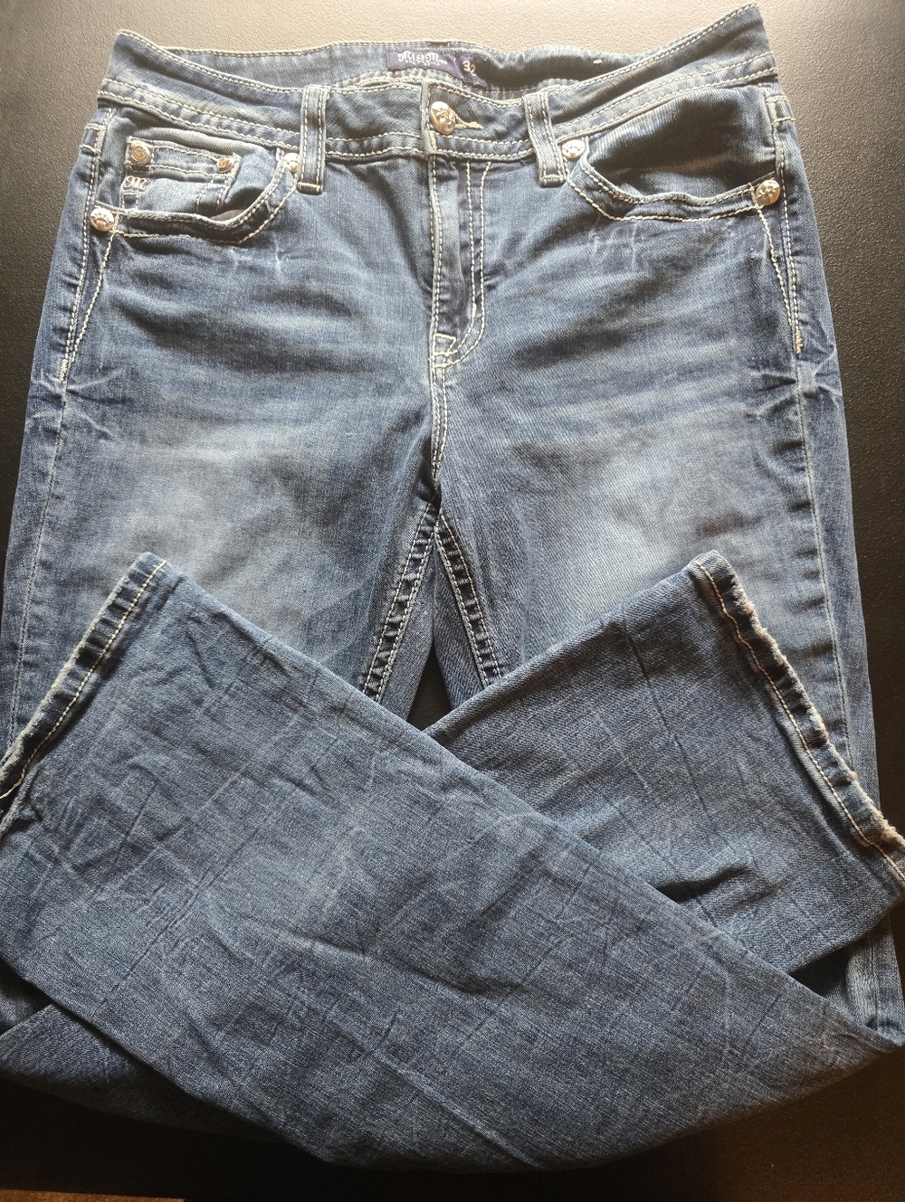 Miss Me Dark Blue Boot Cut Jeans with Contrast Stitching